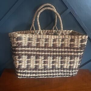 Woven Raffia Straw Top Handle Beach Resort Basket Market Tote Beige Brow…
